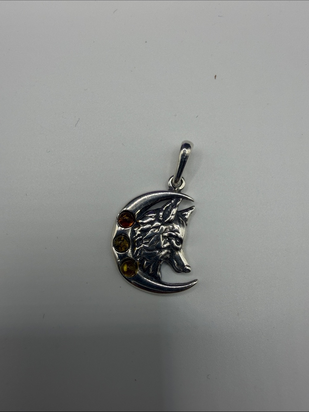 Silver Wolf Moon Pendant with Amber Stones - Women Jewelry
